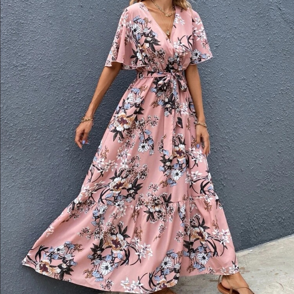 Boho pink Floral print butterfly sleeve belted maxi dress
